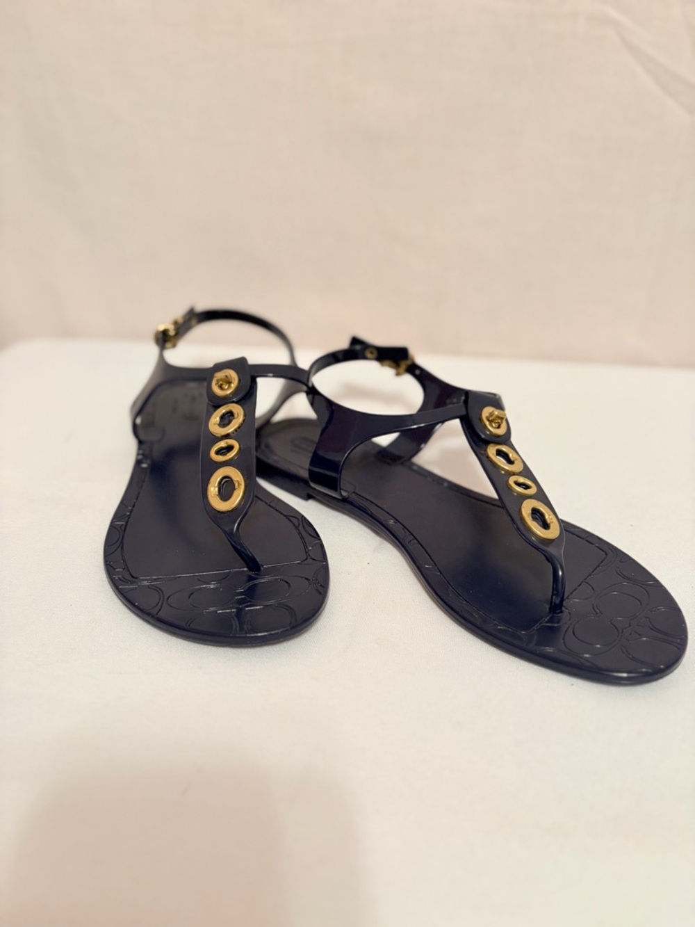 Coach Phila jelly thong sandals in navy blue/gold turnlock and O-ring details